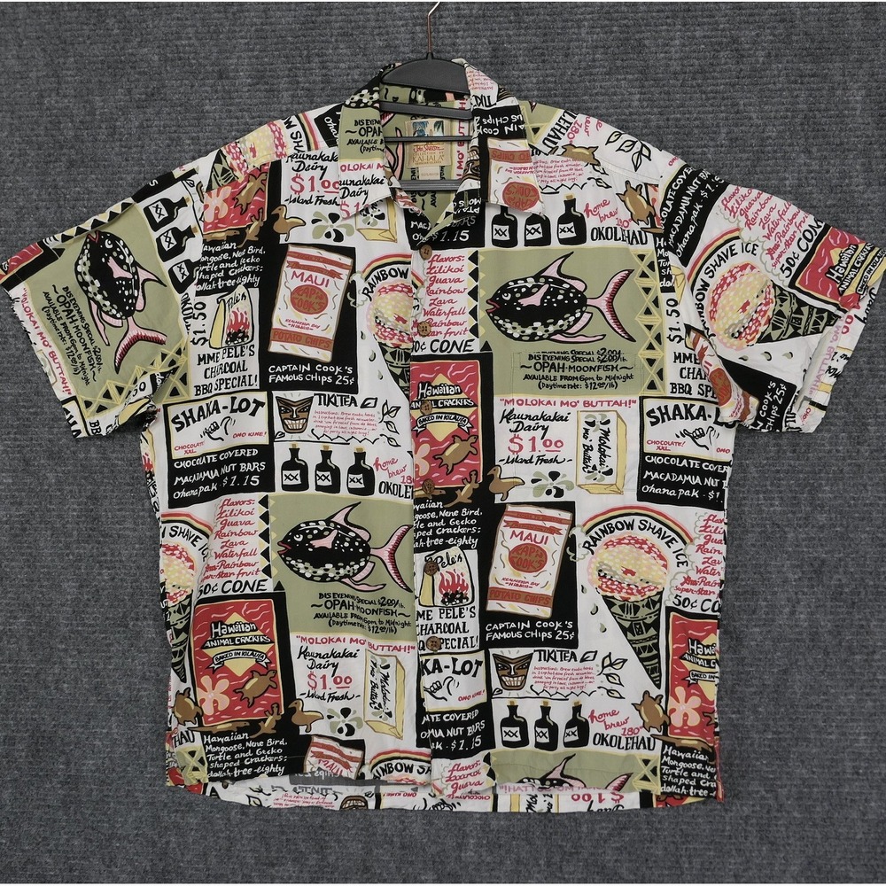 VTG John Severson KAHALA Aloha Shirt Mens L Rayon Hawaiian Ad's Menu AOP Unique
